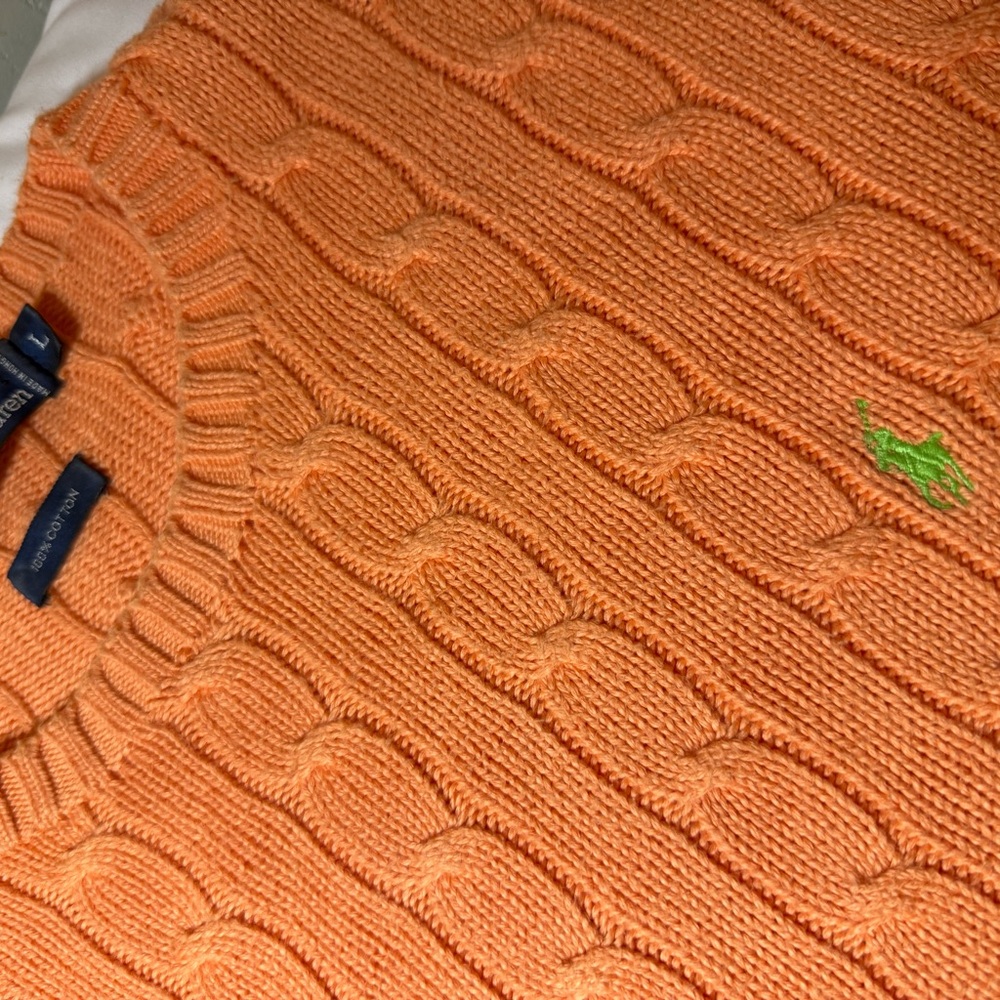 Ralph Lauren Orange Cable-Knit Crewneck Sweater with Green Polo Pony - Picture 2 of 4